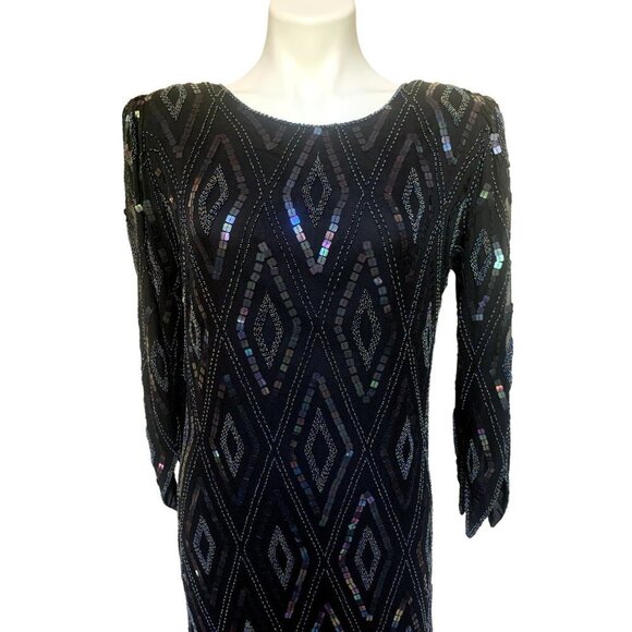 Vintage 90s Beaded Silk Dress Evening Gown Medium - Picture 3 of 11